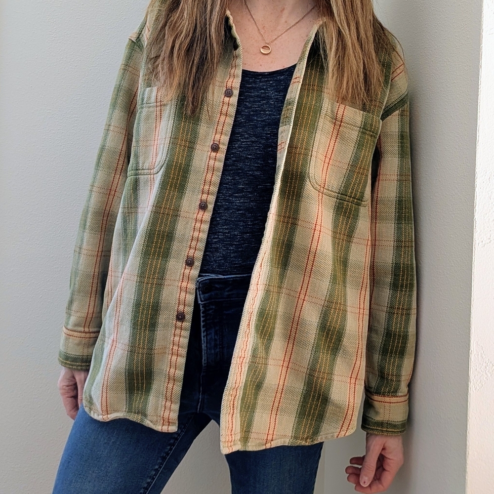 Vintage Plaid Button Front Collared Flannel Shirt Jacket In Green/Cream